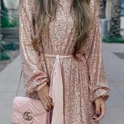 Levency Sequin Belted Long Sleeve Mini Dress