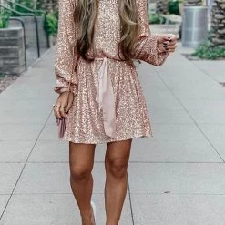 Levency Sequin Belted Long Sleeve Mini Dress