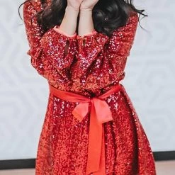 Levency Sequin Belted Long Sleeve Mini Dress