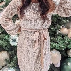 Levency Sequin Belted Long Sleeve Mini Dress