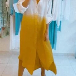 Levency Gradient Turndown Collar Button Shirt Maxi Dress