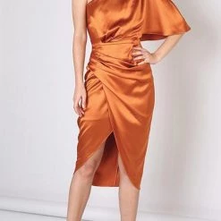 Levency New In Skew Neck Side Slit One Shoulder Midi Dress