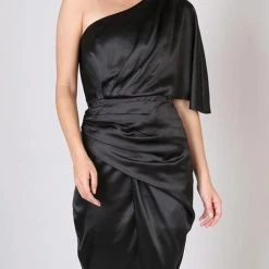 Levency New In Skew Neck Side Slit One Shoulder Midi Dress
