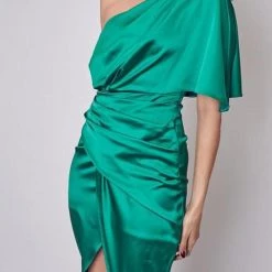 Levency New In Skew Neck Side Slit One Shoulder Midi Dress