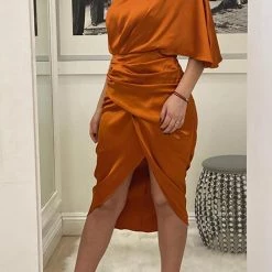 Levency New In Skew Neck Side Slit One Shoulder Midi Dress