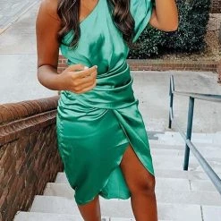 Levency New In Skew Neck Side Slit One Shoulder Midi Dress