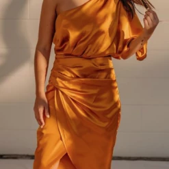 Levency New In Skew Neck Side Slit One Shoulder Midi Dress