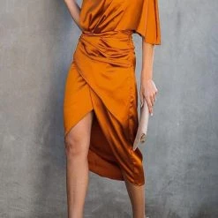 Levency New In Skew Neck Side Slit One Shoulder Midi Dress