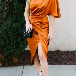 Levency New In Skew Neck Side Slit One Shoulder Midi Dress