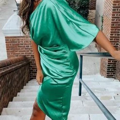 Levency New In Skew Neck Side Slit One Shoulder Midi Dress