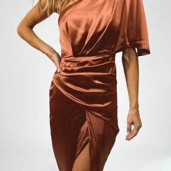 Levency New In Skew Neck Side Slit One Shoulder Midi Dress