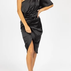 Levency New In Skew Neck Side Slit One Shoulder Midi Dress