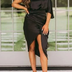 Levency New In Skew Neck Side Slit One Shoulder Midi Dress