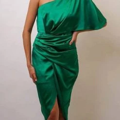 Levency New In Skew Neck Side Slit One Shoulder Midi Dress