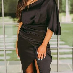 Levency New In Skew Neck Side Slit One Shoulder Midi Dress