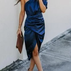 Levency New In Skew Neck Side Slit One Shoulder Midi Dress