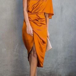 Levency New In Skew Neck Side Slit One Shoulder Midi Dress