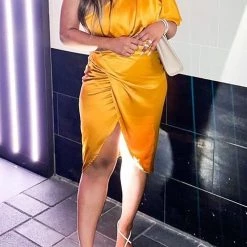 Levency New In Skew Neck Side Slit One Shoulder Midi Dress