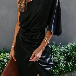 Levency New In Skew Neck Side Slit One Shoulder Midi Dress