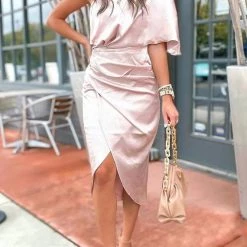 Levency New In Skew Neck Side Slit One Shoulder Midi Dress