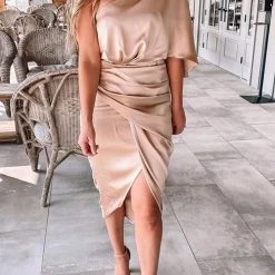 Levency New In Skew Neck Side Slit One Shoulder Midi Dress