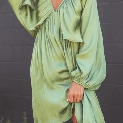 Levency Deep V-Neck Batwing Sleeve Ruffle Loose Dress New In