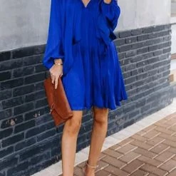 Levency Deep V-Neck Batwing Sleeve Ruffle Loose Dress New In 29 Levency Deep V-Neck Batwing Sleeve Ruffle Loose Dress New In