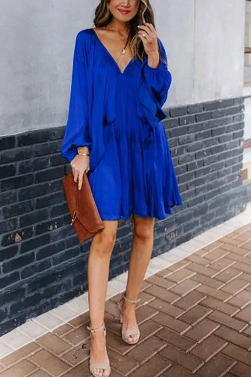 Levency Deep V-Neck Batwing Sleeve Ruffle Loose Dress New In 14 Levency Deep V-Neck Batwing Sleeve Ruffle Loose Dress New In