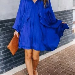 Levency Deep V-Neck Batwing Sleeve Ruffle Loose Dress New In