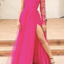 Levency Slit Hem Plus Size See-Through One Sleeve Dress New In