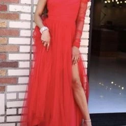 Levency Slit Hem Plus Size See-Through One Sleeve Dress New In