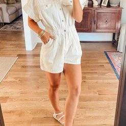 Levency Pockets Button Short Sleeve Denim Romper