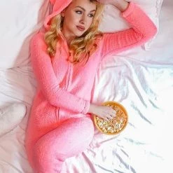 Levency Fuzzy Hoodie Collar Jumpsuit Pajamas
