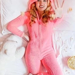 Levency Fuzzy Hoodie Collar Jumpsuit Pajamas