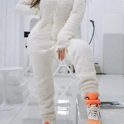 Levency Fuzzy Hoodie Collar Jumpsuit Pajamas