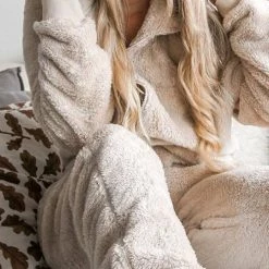 Levency Fuzzy Hoodie Collar Jumpsuit Pajamas