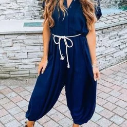 Levency Button Pockets Drawsting Jumpsuit