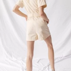 Levency Turndown Collar Button Belted Romper