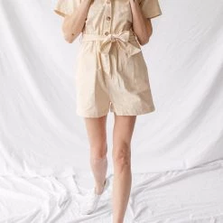 Levency Turndown Collar Button Belted Romper
