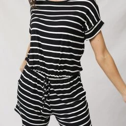 Levency New In Stripe Print Drawstring Waist Casual Romper