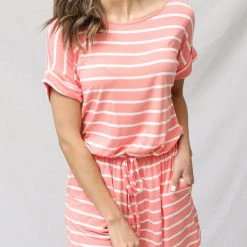 Levency New In Stripe Print Drawstring Waist Casual Romper