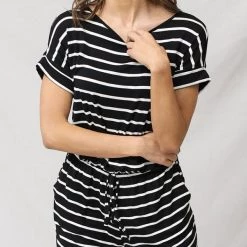 Levency New In Stripe Print Drawstring Waist Casual Romper