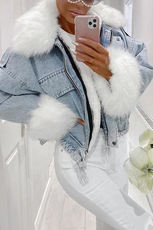 Levency Detachable Fuzzy Faux Fur Collar Denim Coat New In 33 Levency Detachable Fuzzy Faux Fur Collar Denim Coat New In