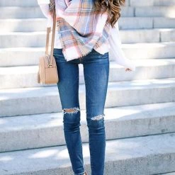 Levency Plaid Ripped Hem Scarf