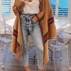 Levency Stripe Bat Sleeve Tassel Cardigan New In