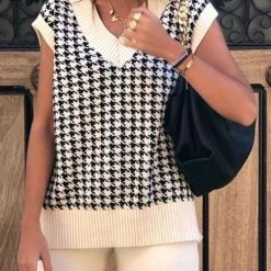 Levency Houndstooth V Neck Vest