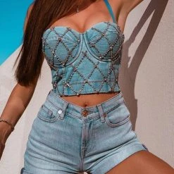 Levency Rhinestone Elastic Denim Top New In