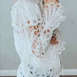 Levency New In Hollow Lace Button Up Top