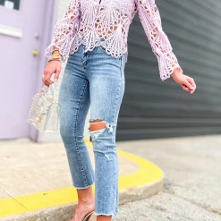 Levency New In Hollow Lace Button Up Top