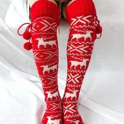 Levency New In Christmas Elk Over Knee Knitted Hairball Socks